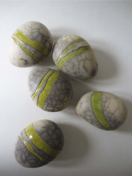 Clay 'pebbles' with green glaze 10 x 7cm    Clay 'pebbles' with green glaze 10 x 7cm